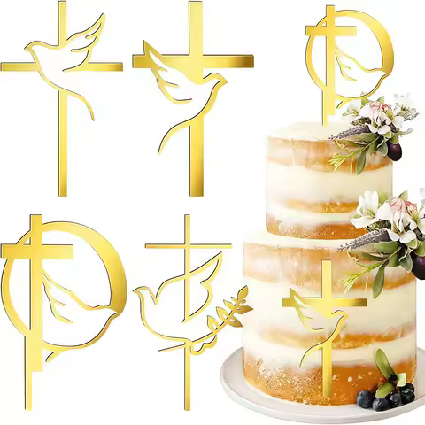 3pcs Cross Baptism First Communion Peace Dove Cake Topper Christening Acrylic Party Supplies Baby Sh