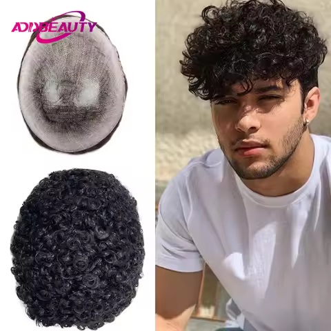 15mm Curly Human Hair Wigs for Men Thin Skin Male Toupee Human Hair Full PU 0.14cm Man's Wigs Capill