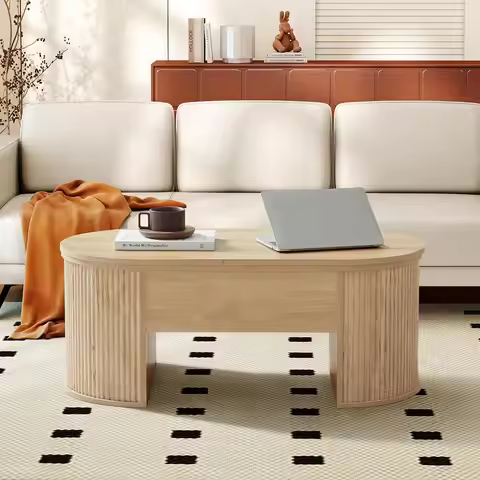 Lift Top Coffee Table, Fluted Coffee Table with Lifting Top, Wooden Lift Up Dining Table with Hidden