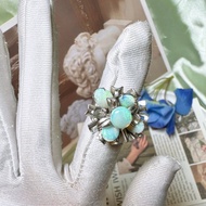 【西洋古董飾品】8.5天然Opal澳洲歐泊石黃綠火彩 花朵蛋白石戒指