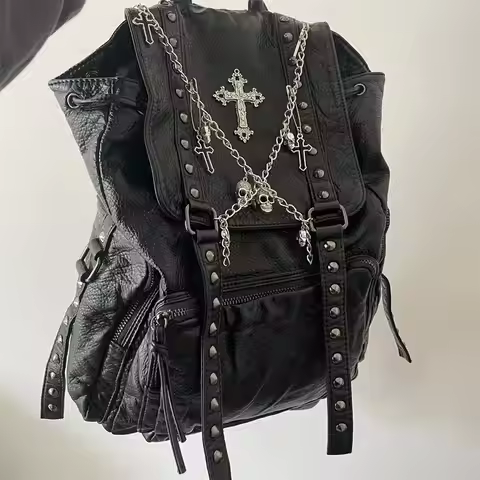 Grunge Rivet black Y2k Backpack Women Gothic Subculture Punk Cross Black Mochila Ladies Vintage Hara