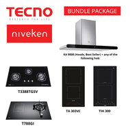 (HOOD + HOB) Tecno 90cm Round Profile Chimney Cooker Hood with LED Sensor Touch Controls with Free Hob Bundle Package