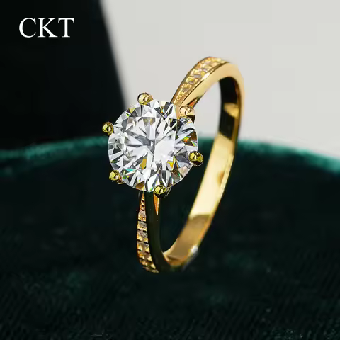 CKT Luxury Six-claw 18k Gold Rings for Women 8mm Round 2ct Diamond Moissanite Ring Wedding Fine Jewe