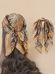 1pc Simple Printed 70s Brown Square Scarf, New Spring Fashion Bandana For Women, Can Be Used As Belt
