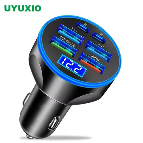 6 in 1 USB C Car Charger Adapter with Voltage Monitor Fast Charging in Car for iPhone Samsung Vivo O