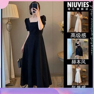 lovito dress lovito High-quality French Hepburn style square neck black dress for women summer 2024 new gentle style temperament long skirt