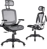 Gabrylly Ergonomic Mesh Office Chair, High Back Desk Chair - Adjustable Headrest with Flip-Up Arms, Tilt Function, Lumbar Support and PU Wheels, Swivel Computer Task Chair, Grey