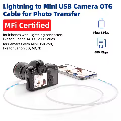 Camera Adapter OTG MFi Certified Lightning to Mini USB Cable for Canon 5D3 Nikon D4 Import Photos Vi