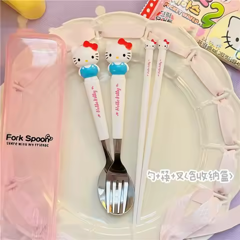 Sanrio Hello Kitty Melody Kids Chopsticks Spoon Fork Set Cinnamoroll Kuromi Stainless Steel Cutlery 