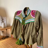 暹羅民族風手工棉織刺繡流蘇短版外套 – 橄欖綠