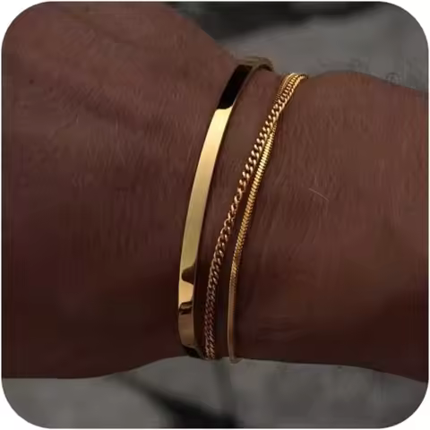 Waterproof Bracelet Set for Men-Stainless Steel Silver/14k Gold Plated Stack Snake Cuban Link Chain 