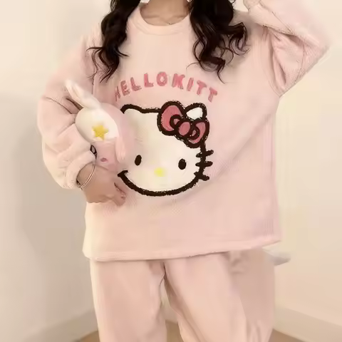 Anime Pajama Set Hello Kitty Thickened Sanrio Women's Winter Thickened Soft Warm Pajama Pants Sweet 