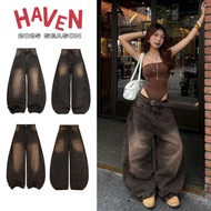 Haven Studio brown curved-leg jeans with Retro wide-leg horizontal and vertical BROKEN effect