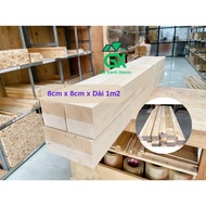 Square Pine Wood Bar 8cm x 8cm x 1m2 Long, Polished Pine Wood on 4 Sides