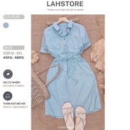 Linen shirt collar dress short sleeve LAHSTORE 2 chest pockets, luxurious waistband DS34 (Blue)