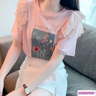 Cotton Blouse Plus Size Women's Summer Korean Fashion All-match Lace Lace Short-sleeved T-shirt