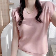 SL Round Neck Solid Color Versatile Drop Shoulder Short Sleeve Top Ice Silk Knit Women Thin Loose