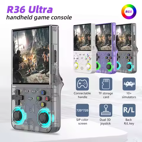 R36 Ultra handheld game console with built-in 2w+games and RGB lighting effects, 4-inch large screen