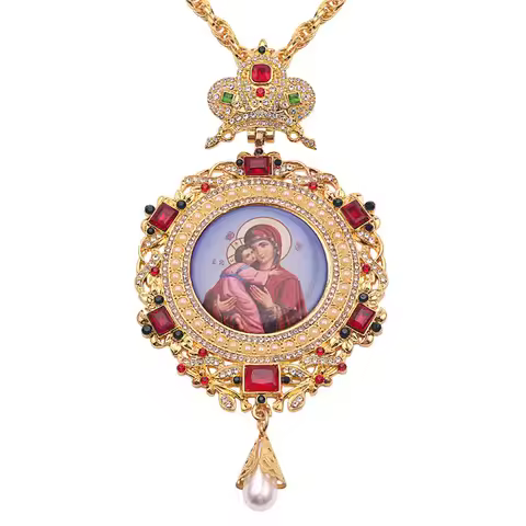 Orthodox Elliptic Pectoral Crown Cross Jewelry Religious Icon Byzantine Crucifix Necklace Virgin Mar