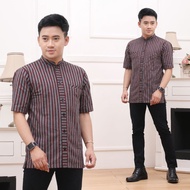 bisa cod baju adat seni jawa Kemeja Batik HEM Lurik Jawa Hem Batik lengan pendek Pria Garis Coklat S