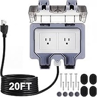 Kanayu Outdoor Outlet Box with 20ft Extension Cord, Dual 15 AMP 5-15 Receptacles Weatherproof Waterp