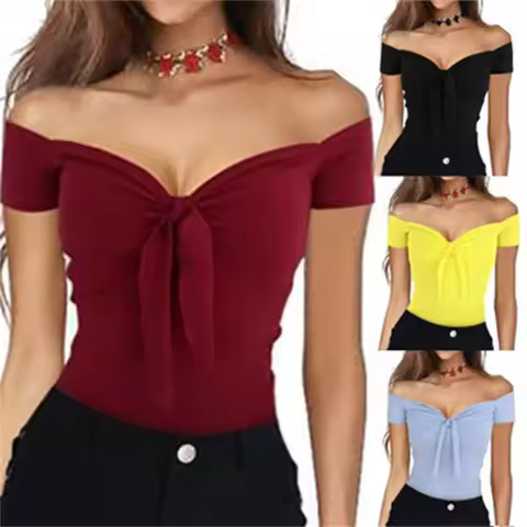 2024 euro-n spring and summer lady pure color V-neck elegant beach party slim T-shirt