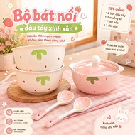 [FIRE] Cute Pale Pink Strawberry Porcelain Bowl Set, Meaningful Gift, March 8 Gift, Birthday Gift