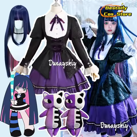 Panty&Stocking With Garterbelt Stocking Anarchy Cosplay Costume Lace Purple Lolita Dress Wig Striped