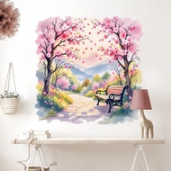 Creative Cherry Blossom Road Wall Stickers Watercolor Yuanshan Bench Design Entrance Corridor Backgr
