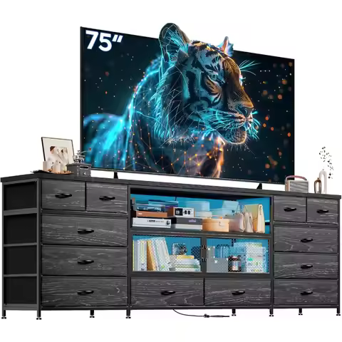 71" W TV Stand for Bedroom for 85/80/75 Inch TV with LED & Charging Station, Sturdy Long Dresser wit