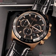 BOSS手錶,編號HB1513753,44mm玫瑰金圓形精鋼錶殼,黑色三眼, 中三針顯示, 運動錶面,深黑色真皮皮革錶帶款,頂級時尚!, 良工巧匠之作!