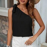 Women's Simple Solid Color Oblique-Shoulder Daily Shirt One Shoulder Top Black Top Womenasymmetrical