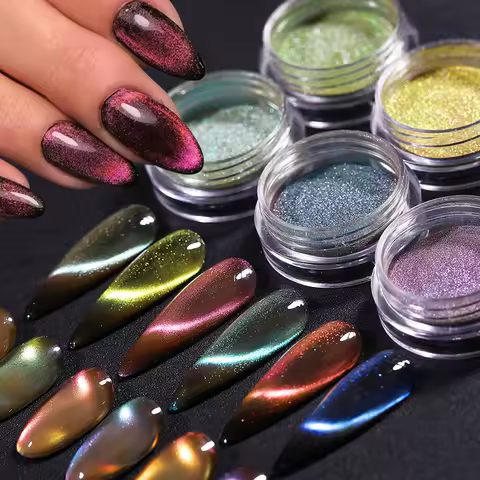7Colors Cat Eye Chrome Nail Powder 3D Cat Eye Magic Galaxy Effect Glitter Dust Fine Chameleon Magnet
