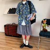 MR9 Shirt C166 เสื้อเชิ้ตยีนส์ แขนสั้น ลายดอกทานตะวัน เสื้อเชิ้ตลำลองชาย Man Clothing