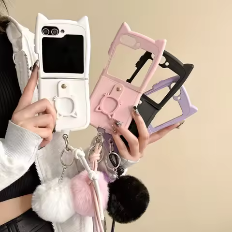 3D Cat Ear Ring Case for Samsung Galaxy Z Flip 3 4 5 6 7 5G Flip7 Flip6 Protect Lovely Flip5 Flip4 2