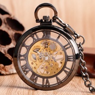 Luxury Roman Numbers Transparent Black Mechanical Hand-winding Pocket Watch with Chain Gift