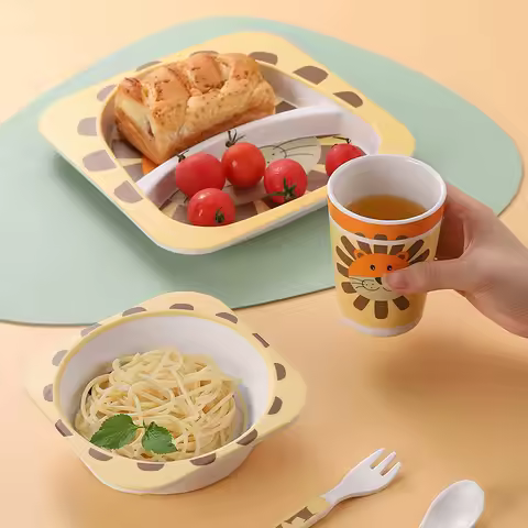 Children's cartoon dining plate fork and spoon set, baby self feeding tableware set, food supplement
