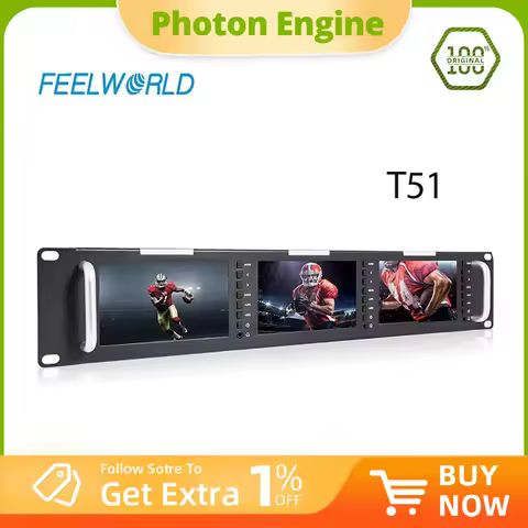 Feelworld T51 Triple 5 Inch 2RU LCD Rack Mount Monitor with 3G-SDI HDMI AV Input and Output Broadcas