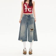 實拍 美式街頭高腰破洞闊腿牛仔褲夏季寬鬆休閒水洗直筒七分褲潮-水泥灰七分褲 XS