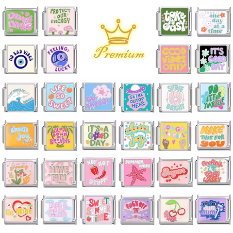 Premium Drip Oil Colour English Word Lucky No.8 Ball Starfish Italian Charm Link Fit 9mm Stainless S