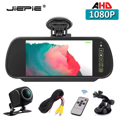 JIEPIE Car 7 inch AHD Monitor RearView Mirror 1080P Monitor with 1080P Reverse/Rear View Camera Kit 