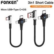 Fonken 3in1 Short Charging Cable USB/Type C To Micro USB/Type C/iOS 25cm Charging Cable