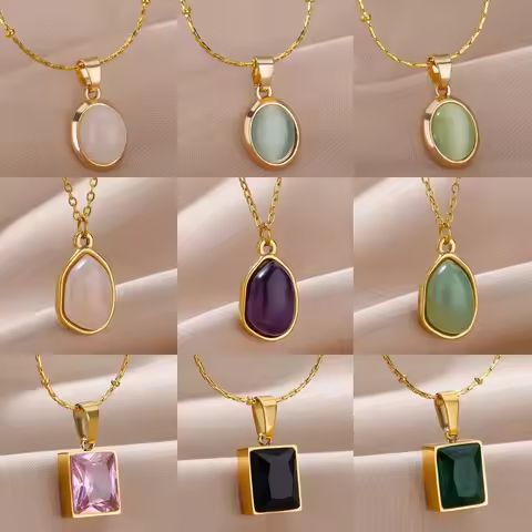 Trendy Oval Colorful Stone Necklace For Women Stainless Steel Gold Color Green Opal Stone Pendant Ne