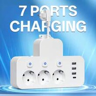 EU Plug Adapter, Short/5FT/10FT/15FT Extension Cord Outlet, 3 AC Sockets, 3 USB Ports, 1 Type-C Port