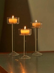 1入組高架玻璃燭台套裝,玻璃杯蠟燭燭台,清澈的婚禮颶風式蠟燭燭台,適用於餐會家居裝飾聚會餐桌設置禮物,浪漫燭光晚餐道具