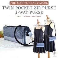 READY MADE / PRE ORDER Handmade Twin Double Pocket Zipper Purse for Handphone 3-way Sling Crossbody Bag Pouch Purse