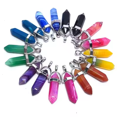 20pcs Natural Stripe Agate Stone Pendant Hexagon Prism Pendulum Chakra Jewelry Healing Crystal Quart