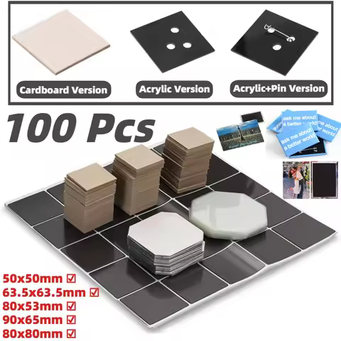 100 Sets DIY Photo Fridge Magnet Making Materials 50x50/65x90/53x80/63.5x63.5/80x80mm Cardboard/Acry