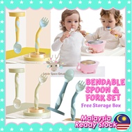Baby Learning Self Feeding Bendable Spoon &amp; Fork Set / Curved Spoon &amp; Fork Set / BPA Free material /Makan Sudu Garfu Set