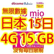 日本Docomo IIJ 15日4G 15GB之後256K無限上網卡數據卡Sim卡電話卡咭data